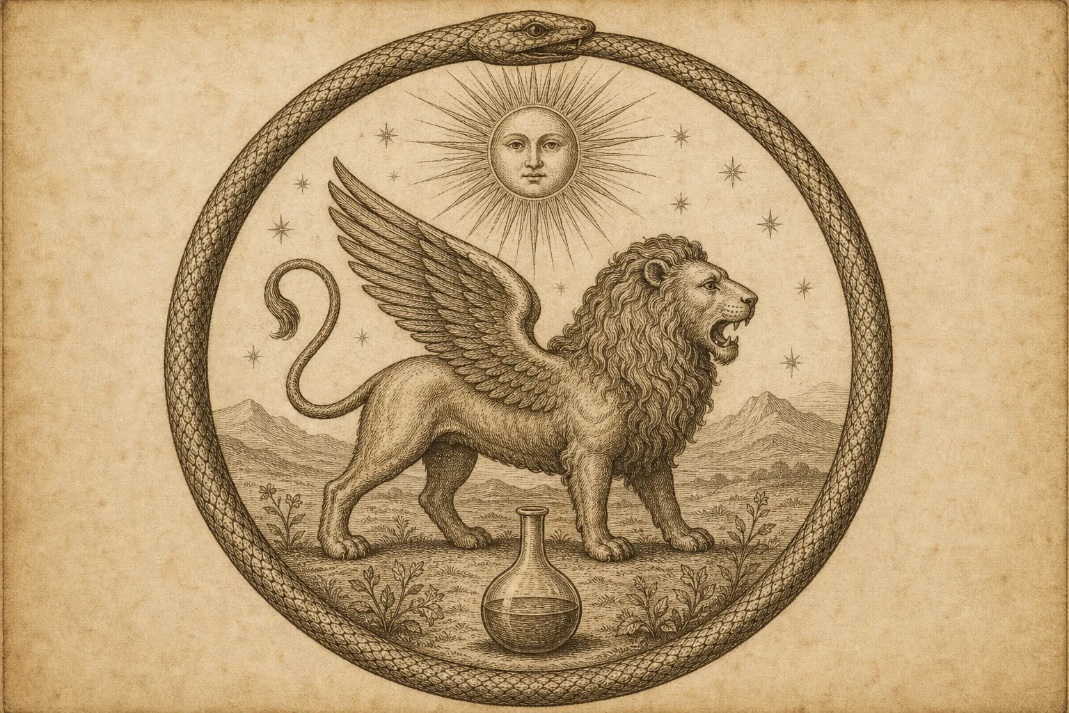 Sepia engraving of a winged lion beneath a radiant sun, encircled by a serpent biting its tail
