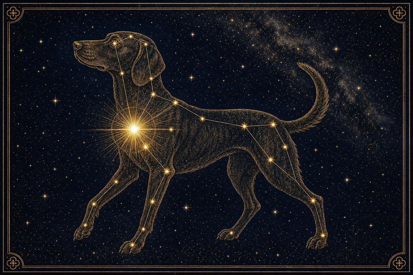 Antique-style celestial plate in gold line engraving on deep indigo: a striding hunting dog seen in profile with the constellation's stars marked along it and one much brighter star blazing at its throat