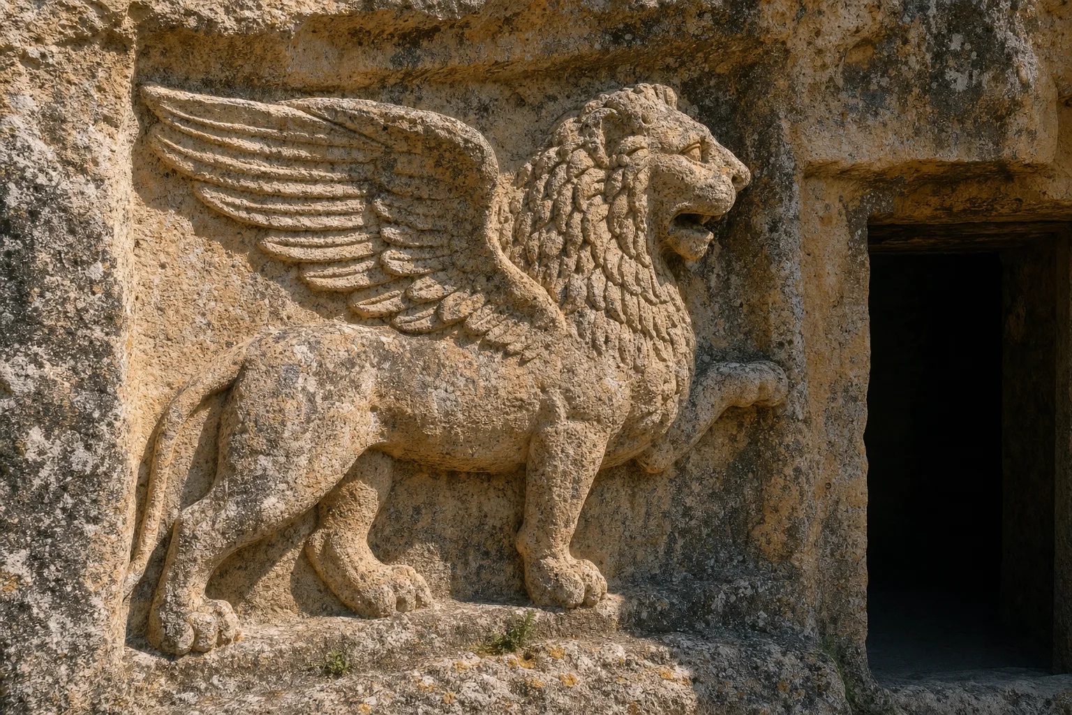 Weathered stone relief of a winged lion with one forepaw raised, carved beside a tomb doorway