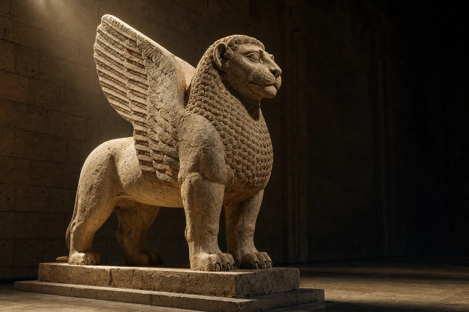 Carved limestone winged lion with a bearded head, lit from the side in a darkened gallery