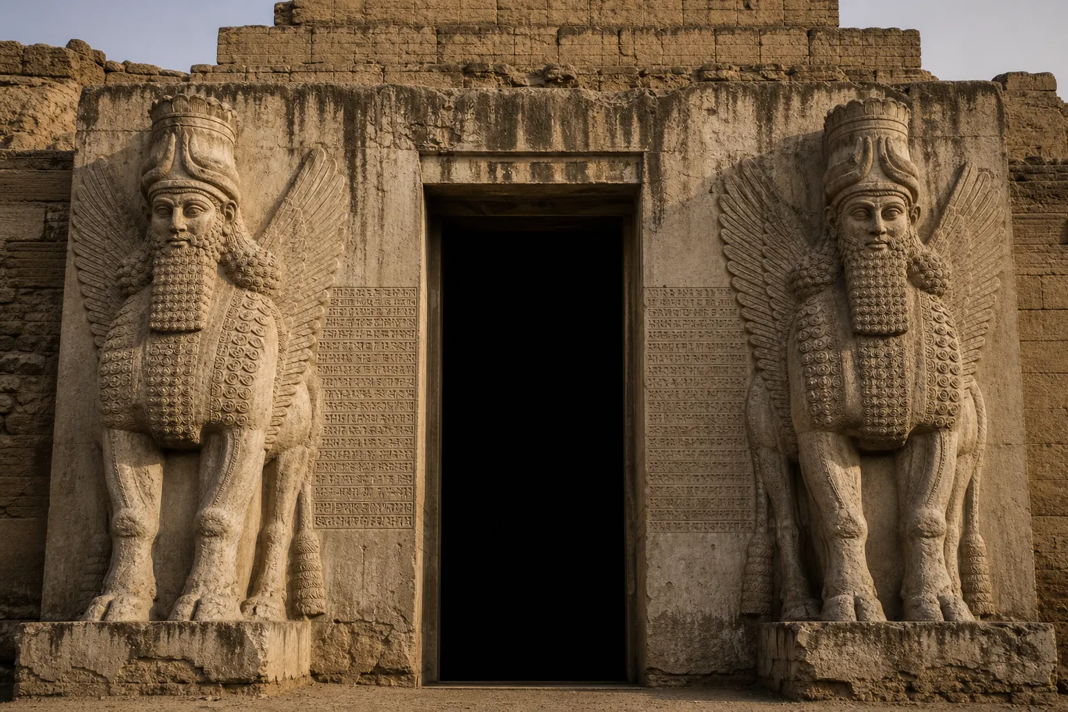 Two colossal winged guardian figures with bearded human heads carved in relief flanking a dark palace doorway