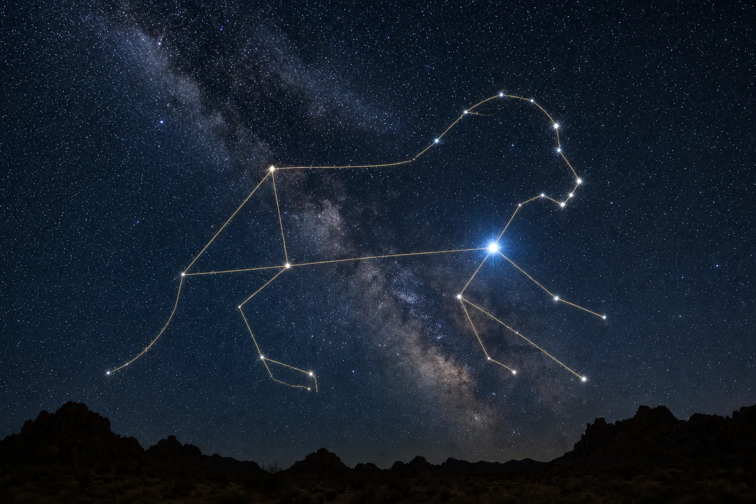 Deep blue night sky over a dark desert horizon, with the stars of Leo joined by faint gold lines into a crouching lion