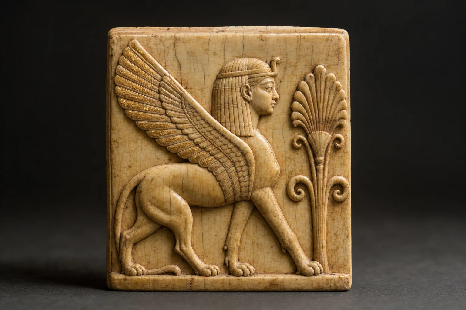 Small carved ivory plaque showing a striding winged sphinx with a human head beside a stylised palmette tree