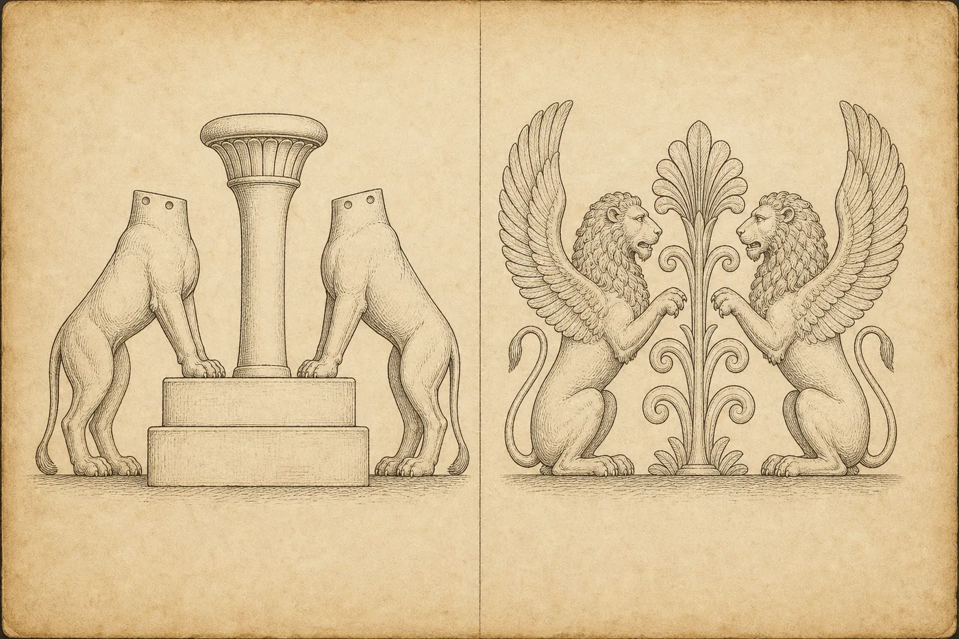 Two ink drawings side by side on aged parchment: at left two headless rearing felines with forepaws on a stepped base flanking a downward-tapering column, at right a pair of seated winged lions facing a stylised palmette tree