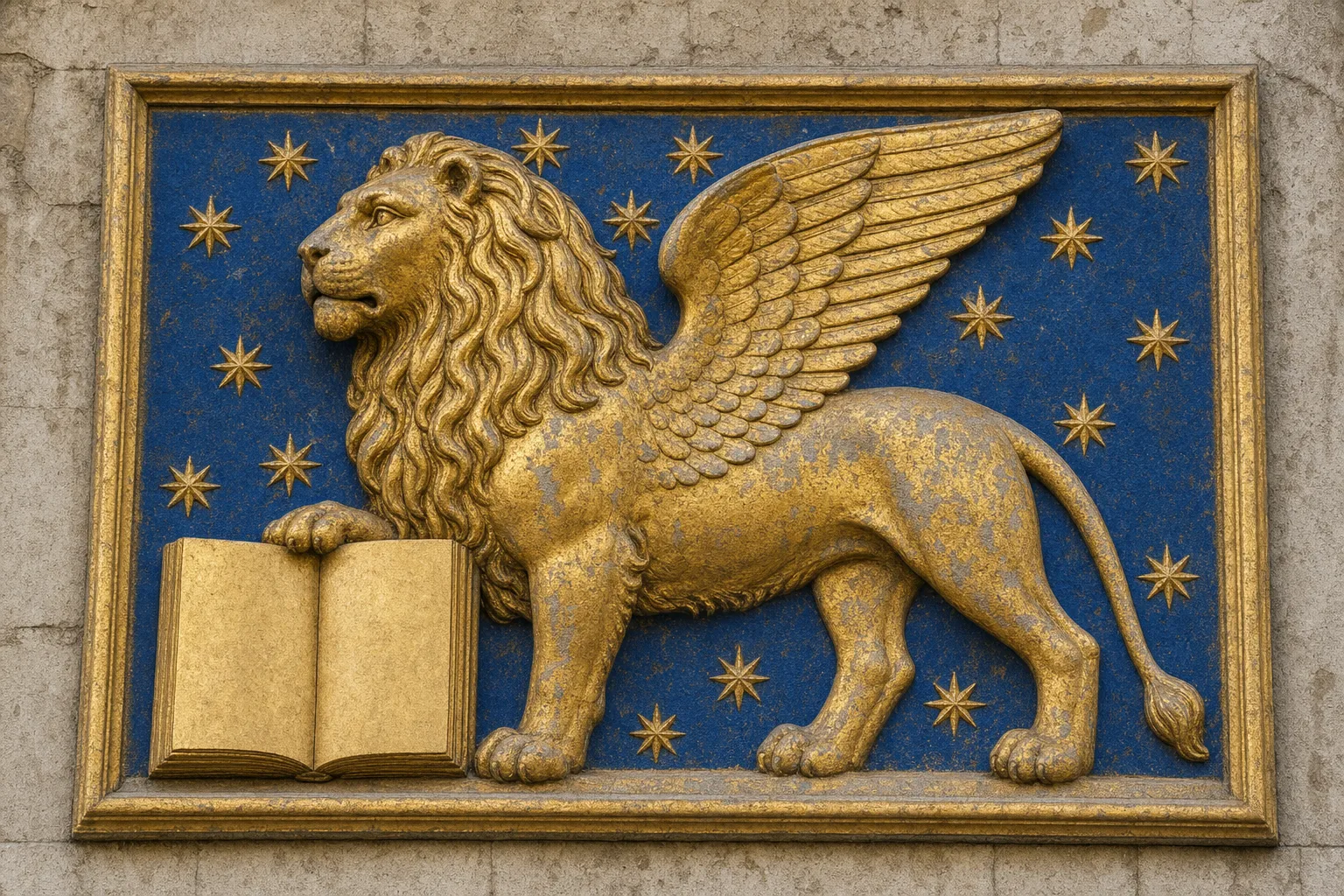 Gilded relief of a winged lion resting a paw on an open book, set against a deep blue field scattered with gold stars