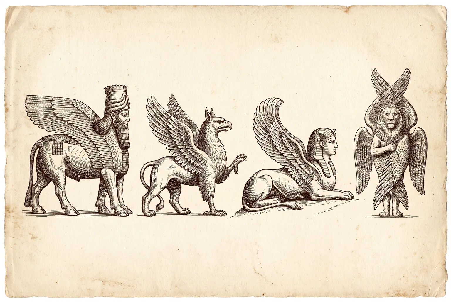 Four ink drawings side by side on parchment: a bearded winged bull-lion, an eagle-headed griffin, a reclining sphinx and a four-winged cherub