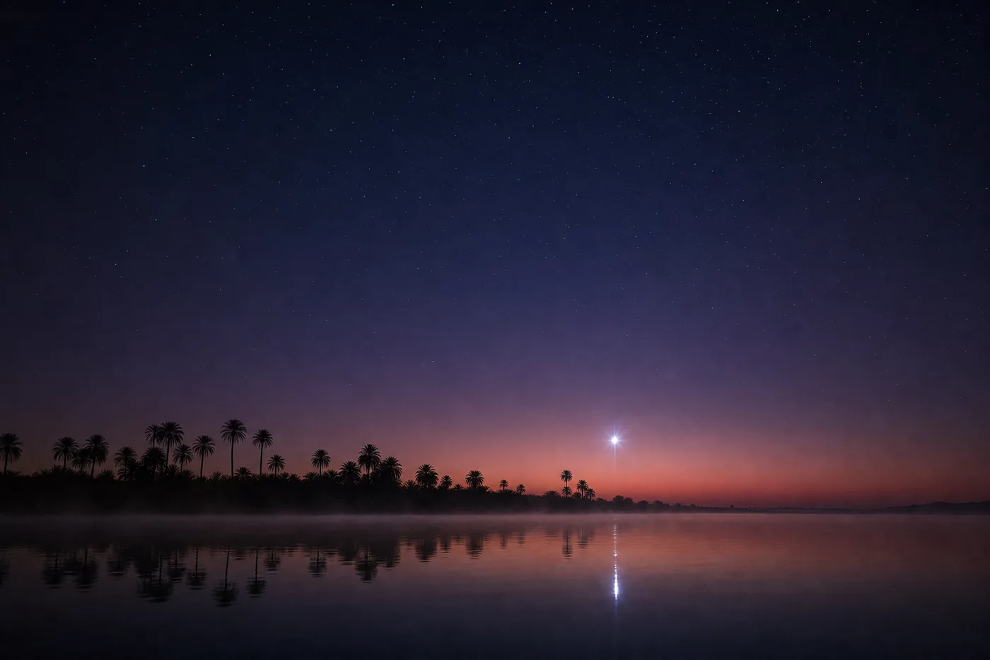 A single brilliant white star low over a palm-lined river horizon in deep blue twilight, an orange band along the horizon, the star's light reflected in still water